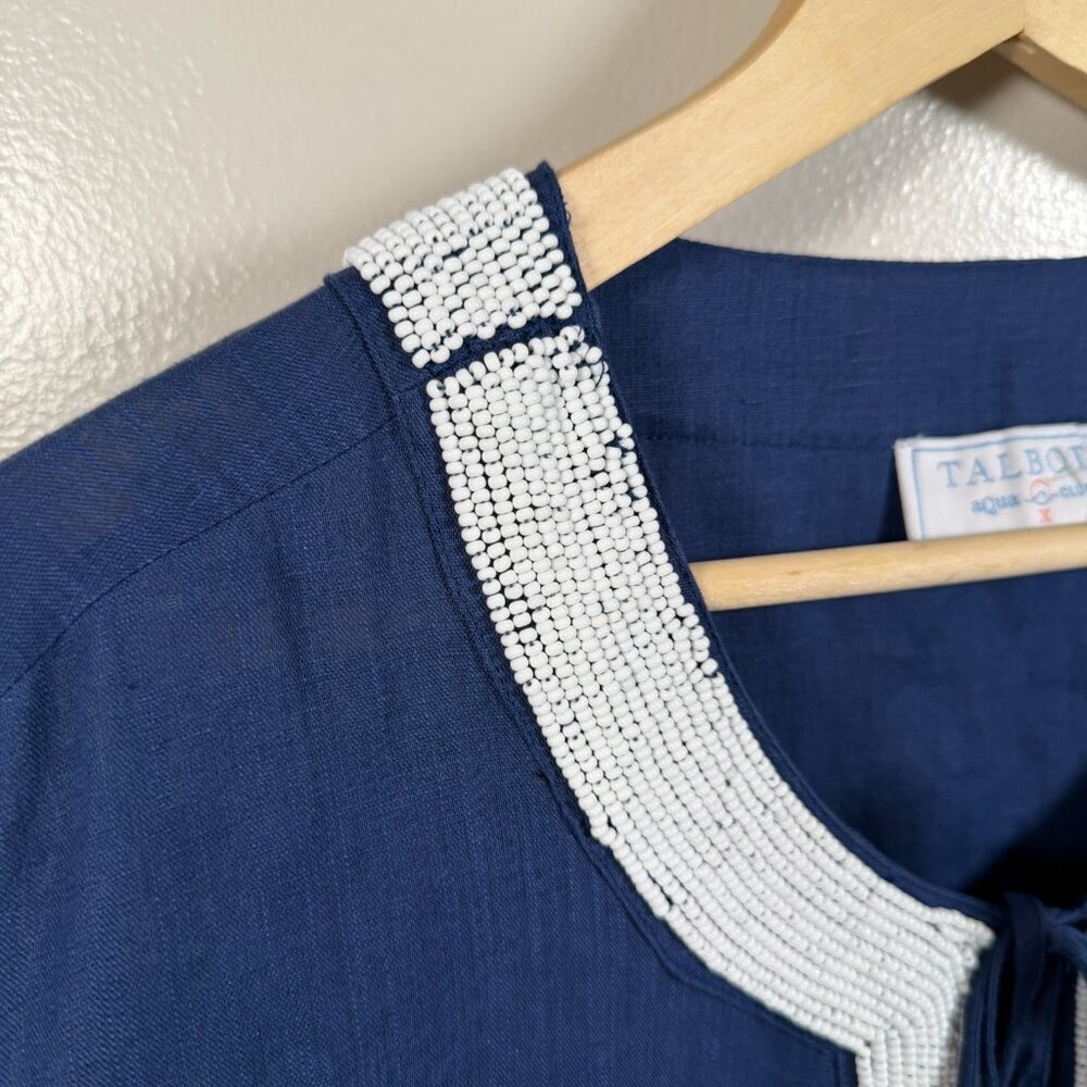 Talbots Aqua Club Beaded Linen Blend Tunic Top Size X Blue Caftan Cover Up - Picture 5 of 11